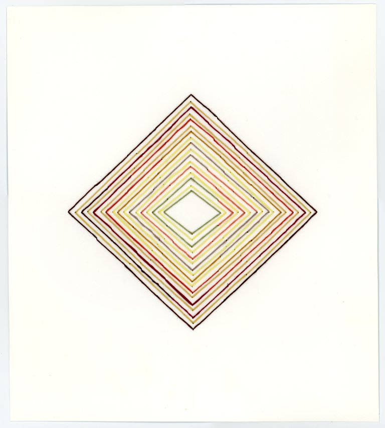 an abstract embroidery piece on white paper. there is a diamond in the center of the piece. the diamond is made of concentric lines radiating outward that are embroidered on the paper in shades of red, pink, yellow, and aubergine.