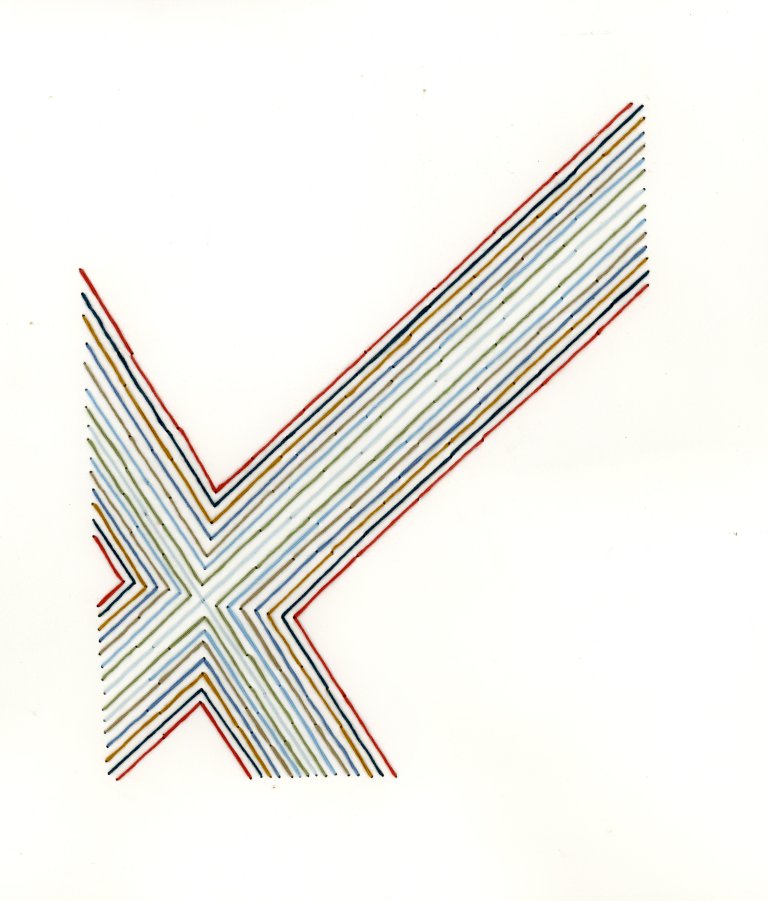 an abstract embroidery piece on white paper. there is an "x" shape embroidered across the page, with the cross in the bottom left corner of the page. it is created with parallel lines embroidered radiating outwards. the thread is in shades of mint green, olive, red, indigo, periwinkle, and rust