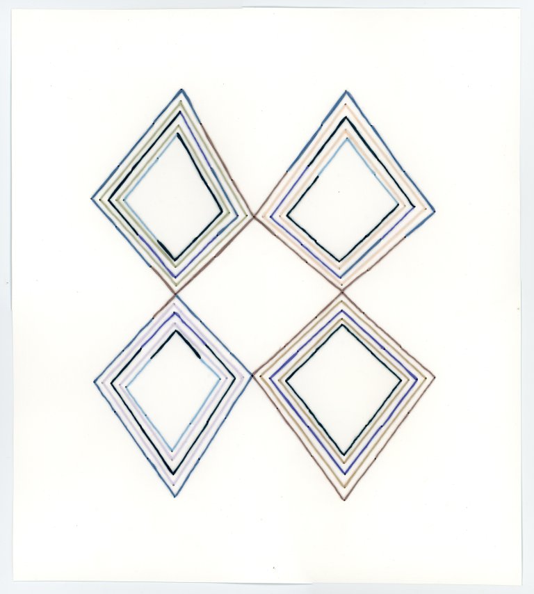 an abstract embroidery piece on white paper. there are two rows of two diamonds stacked vertically, point to point, in the center of the piece. the diamonds are made of concentric lines radiating outward that are embroidered on the paper in shades of blue, brown, peach, green, and aubergine.