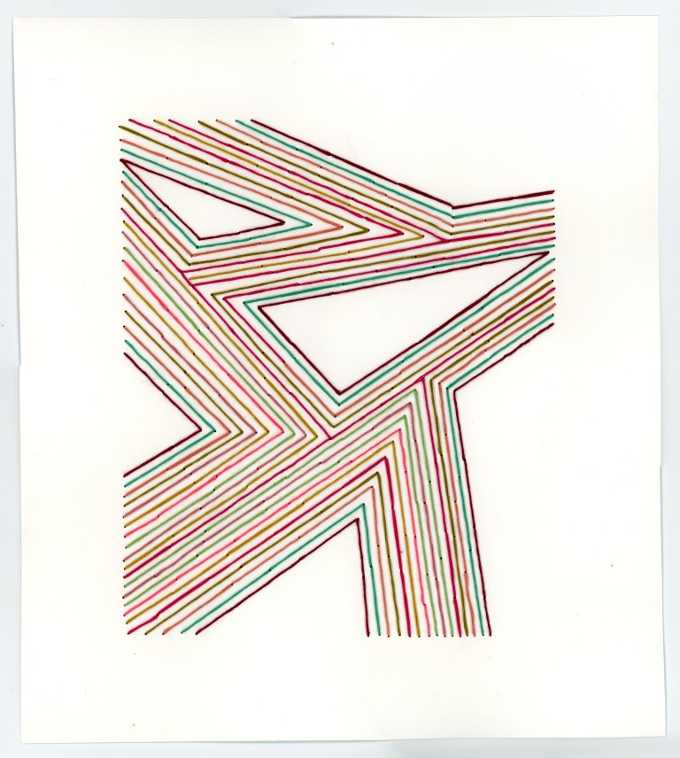 an abstract embroidery piece on white paper. there are multiple intersecting lines that create triangle shapes. the main line is fuchsia, and other parallel lines radiate outwards from it in thread colors of teal, gold, purple, peach, and olive