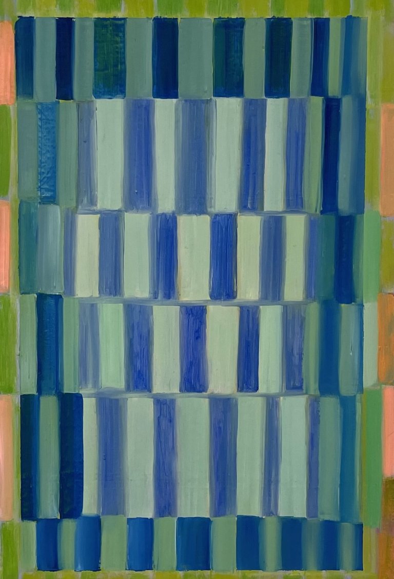 an abstract art piece made up of vertical rectangles arranged parallel to each other in shades of royal blue, mint, orange, peach, and sap green