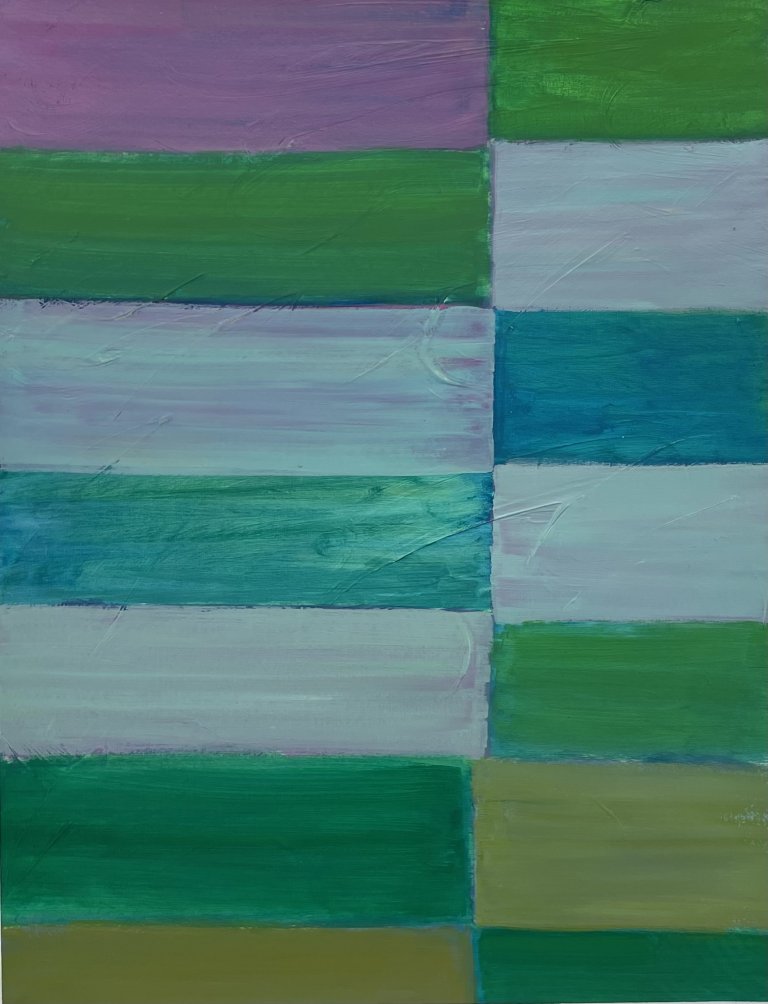 an abstract art piece made up of horizontal rectangles arranged parallel to each other in shades of lilac, lavender, periwinkle, sky blue, aqua, teal, emerald, and grass green