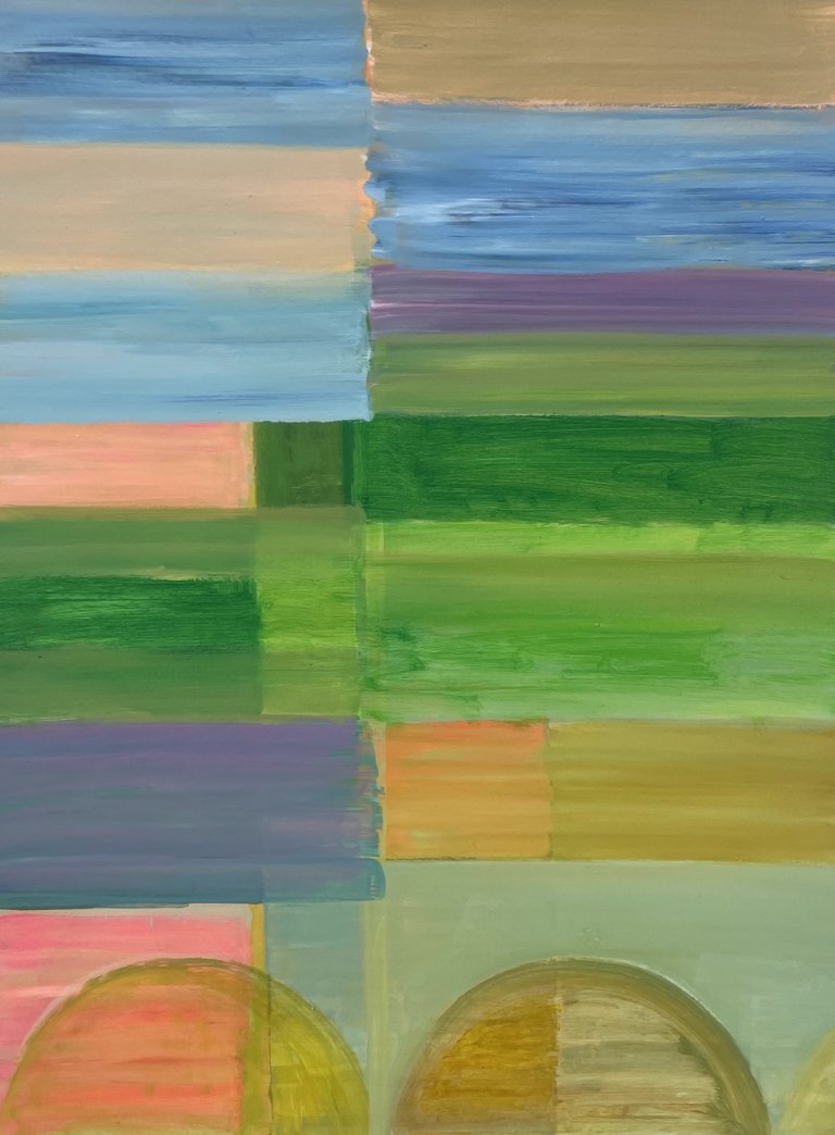 an abstract art piece made up of horizontal rectangles arranged parallel to each other in shades of sky blue, lavender, lime green, sap green, peach, coral, pink, gold, and tawny