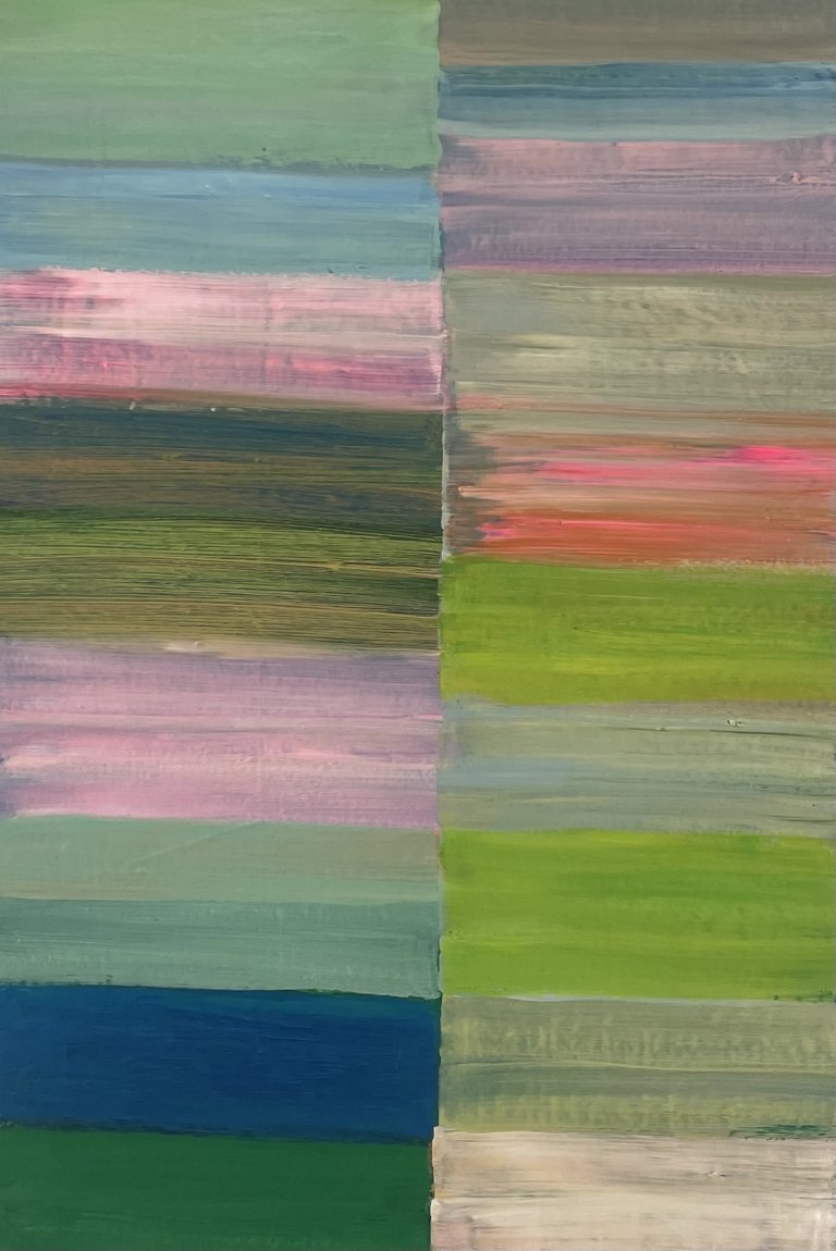 an abstract art piece made up of horizontal rectangles arranged parallel to each other in shades of pale pink, bubblegum pink, indigo, deep scarab green, lime, taupe, dust, and soft sage