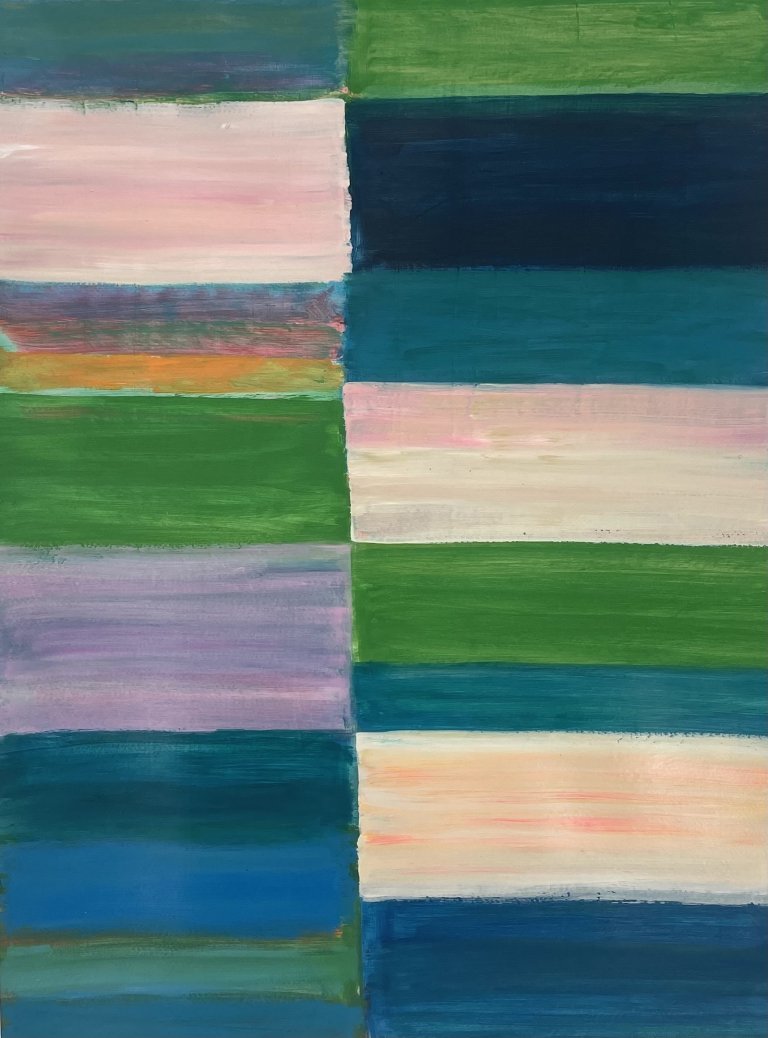 an abstract art piece made up of horizontal rectangles arranged parallel to each other in shades of indigo, aqua, emerald, orange, pale peach, salmon, teal, and cornflower