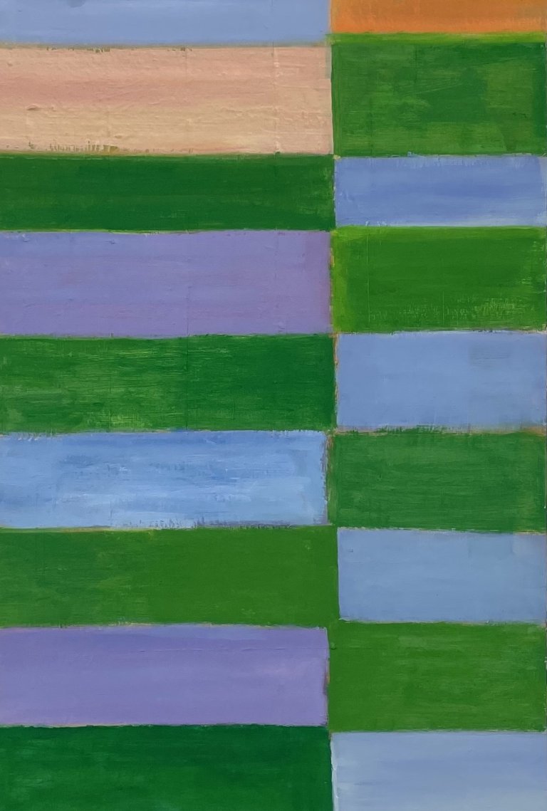 an abstract art piece made up of horizontal rectangles arranged parallel to each other in shades of periwinkle, sky blue, emerald, peach, and orange