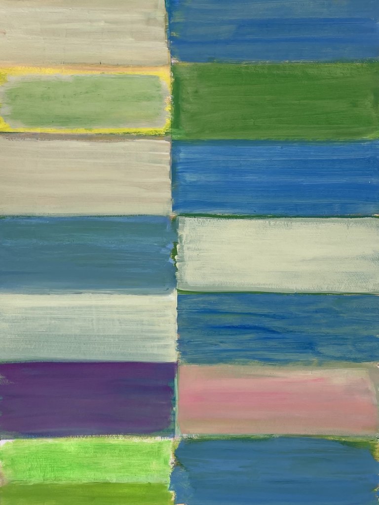 an abstract art piece made up of horizontal rectangles arranged parallel to each other in shades of electric blue, grass, off-white, bubblegum pink, electric lime, violet, mint, and yellow
