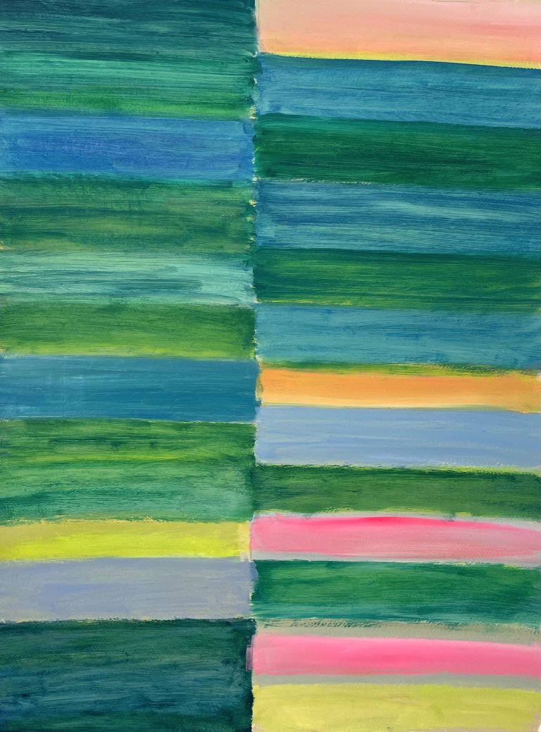 an abstract art piece made up of horizontal rectangles arranged parallel to each other in shades of peach, aqua, teal, orange, periwinkle, hot pink, lemon yellow, soft blue-gray, and grass green