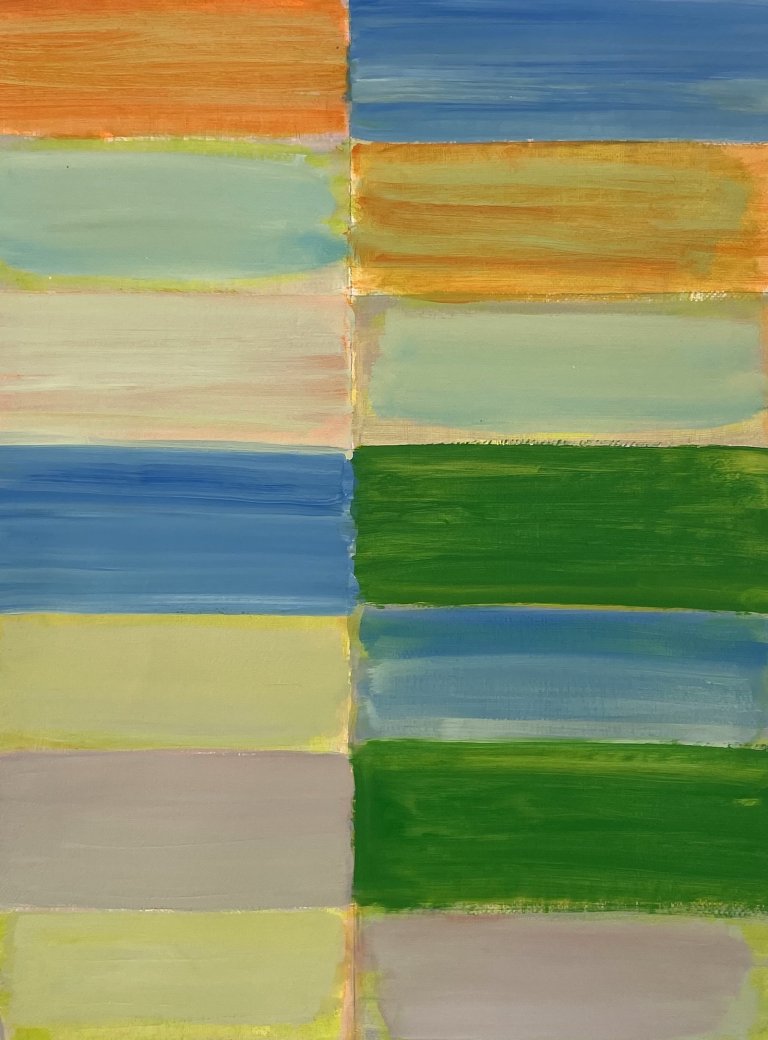 an abstract art piece made up of horizontal rectangles arranged parallel to each other in shades of sky blue, koi orange, mint, grass green, taupe, muted lemon yellow, pale peach, and sunset orange