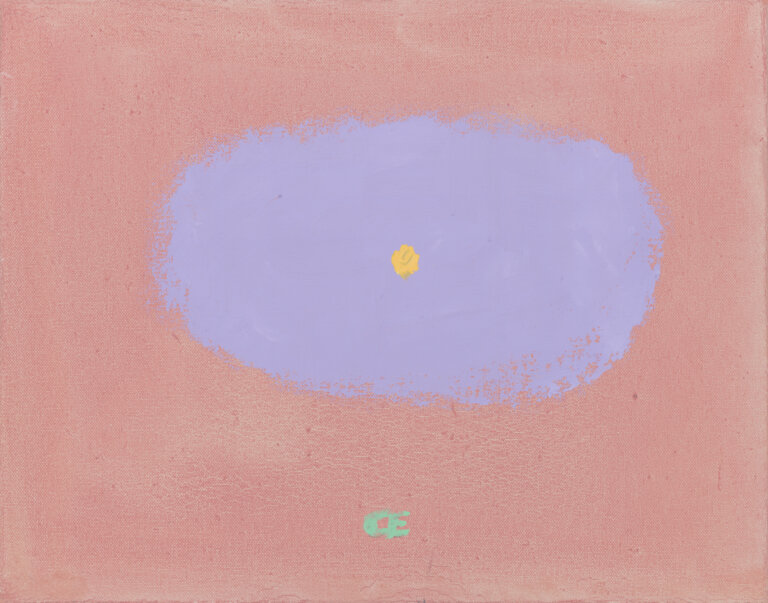 an abstract painting with a background of peachy pink. there is a rough light purple oval in the center, with a small yellow dot in the center. there are the initials "CE" in mint green in the bottom center of the peice to signify the artist, carolyn evans