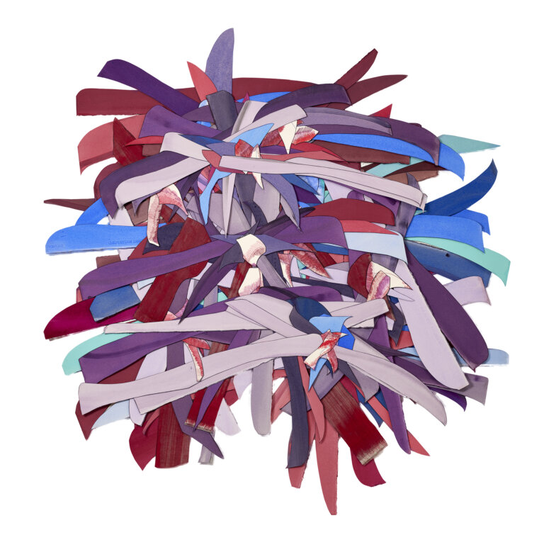 an abstract multimedia piece created from strips of brightly colored fabric and paper stacked in a pile. the colors of the pieces are raspberry, fuchsia, cobalt, mint, lilac, royal purple, red, and strawberry.