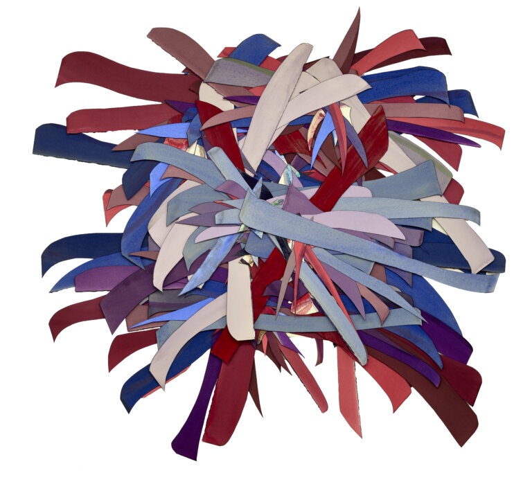 an abstract multimedia piece created from strips of brightly colored fabric and paper stacked in a pile. the colors of the pieces are raspberry, fuchsia, cobalt, mint, lilac, royal purple, red, and strawberry.