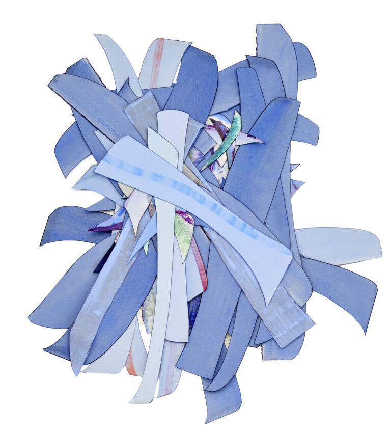 an abstract multimedia piece created from strips of brightly colored fabric and paper stacked in a pile. the colors of the pieces are soft cobalt, periwinkle, baby blue, and accents of raspberry, green, mint, and aqua