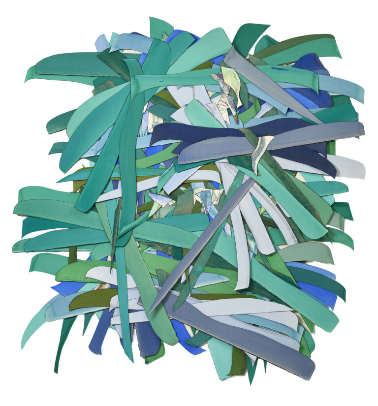 an abstract multimedia piece created from strips of brightly colored fabric and paper stacked in a pile. the colors of the pieces are teal, aqua, navy, periwinkle, slate, kelly green, and lime