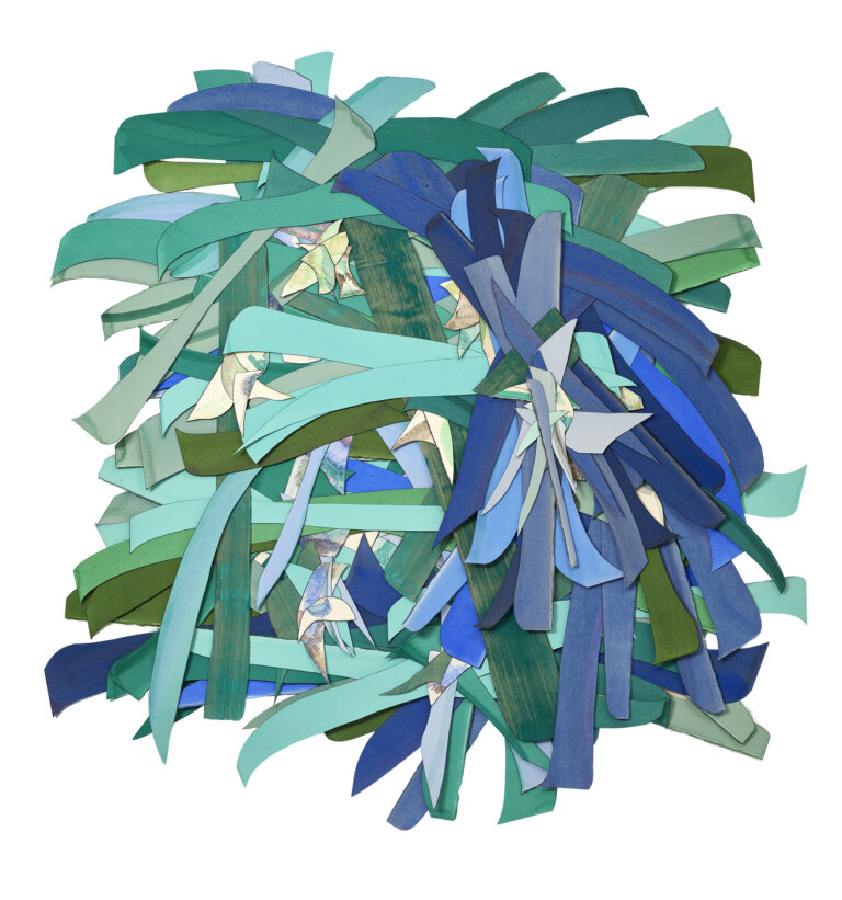 an abstract multimedia piece created from strips of brightly colored fabric and paper stacked in a pile. the colors of the pieces are teal, aqua, navy, periwinkle, slate, kelly green, and lime