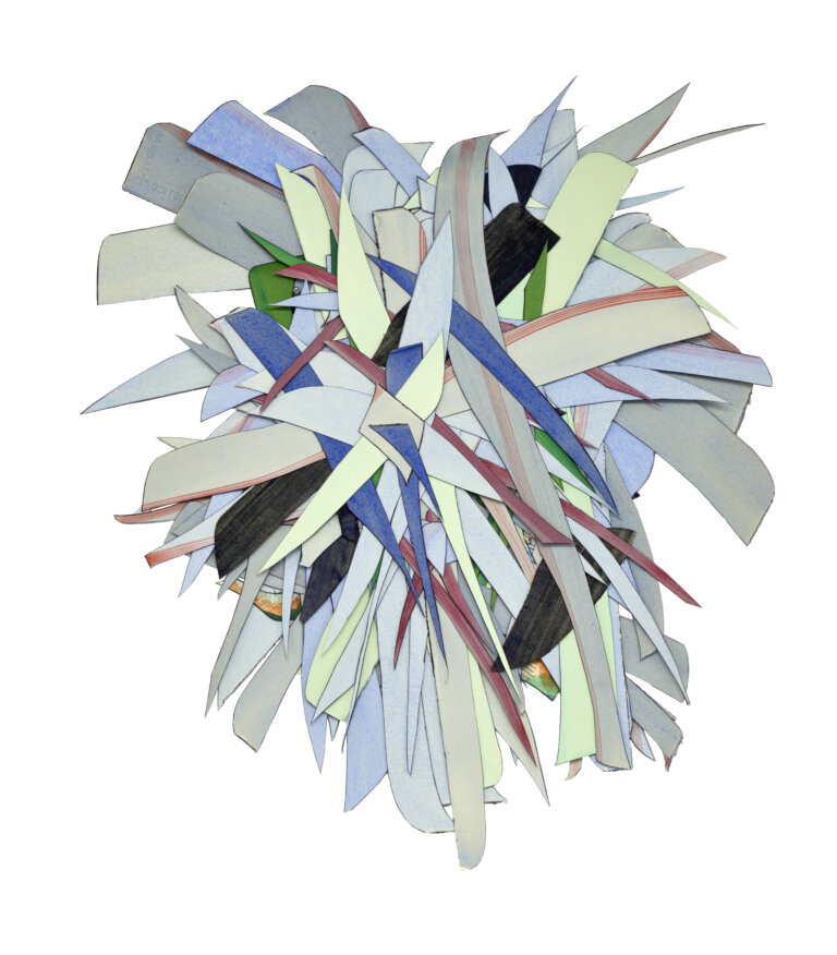 an abstract multimedia piece created from strips of brightly colored fabric and paper stacked in a pile. the colors of the pieces are mint green, sage, cobalt, mauve, black, and kelly green