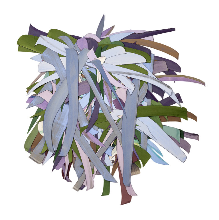 an abstract multimedia piece created from strips of brightly colored fabric and paper stacked in a pile. the colors of the pieces are periwinkle, pale pink, mauve, lilac, kelly green, taupe, and gray