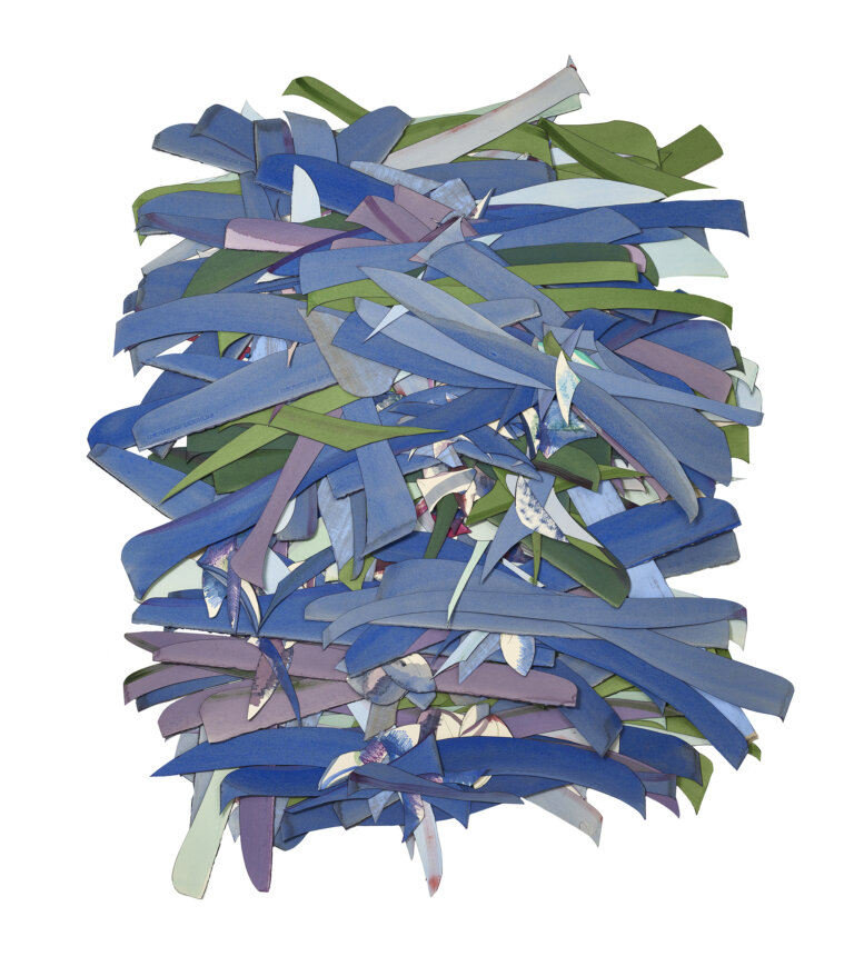 an abstract multimedia piece created from strips of brightly colored fabric and paper stacked in a pile. the colors of the pieces are seafoam, periwinkle, cobalt, lilac, mauve, royal purple, and accents of magenta