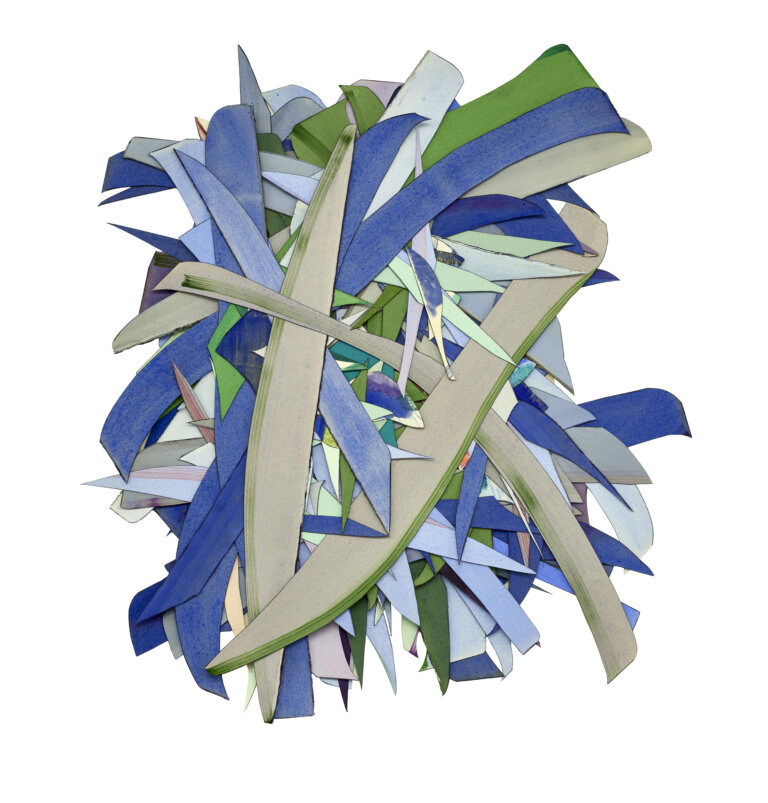 an abstract multimedia piece created from strips of brightly colored fabric and paper stacked in a pile. the colors of the pieces are taupe, forest green, cobalt, lilac, and accents of sage green