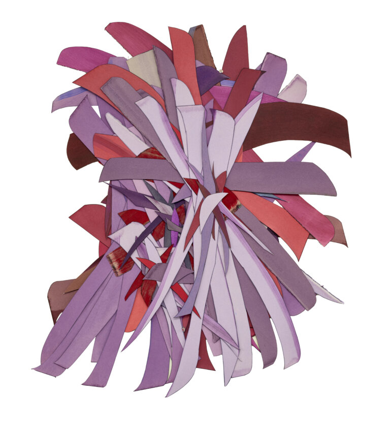 an abstract multimedia piece created from strips of brightly colored fabric and paper stacked in a pile. the colors of the pieces are raspberry, magenta, fuchsia, coral, lilac, lavender, mauve, and burgundy