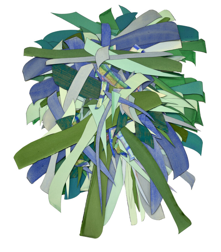 an abstract multimedia piece created from strips of brightly colored fabric and paper stacked in a pile. the colors of the pieces are mint, sea foam, sage, forest green, emerald, teal, cobalt, periwinkle, slate, and taupe