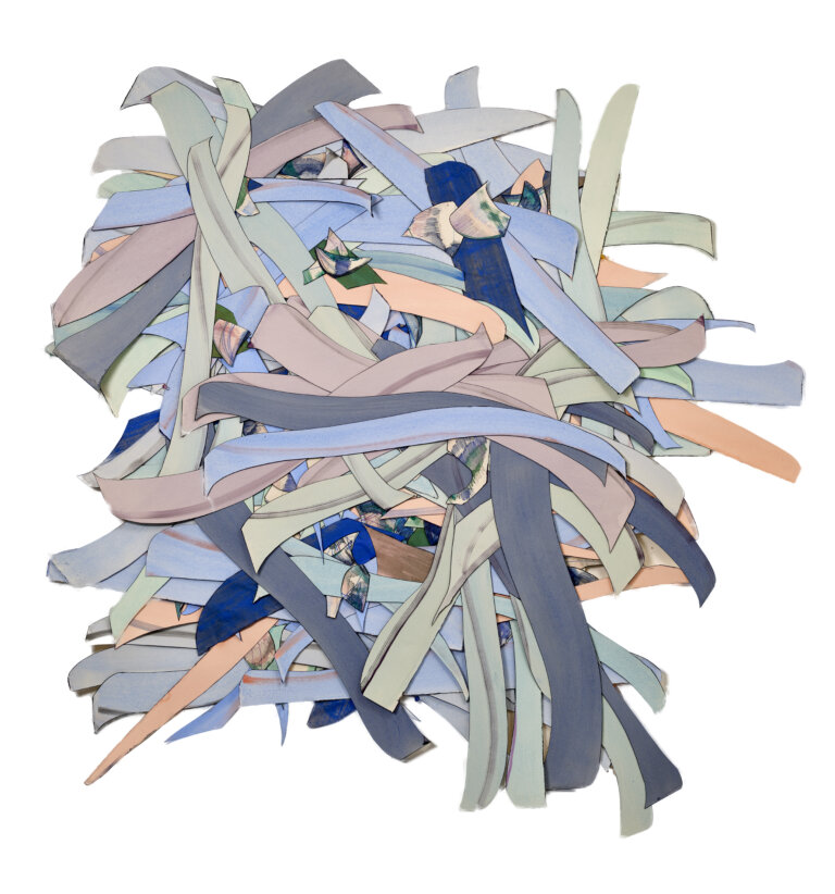 an abstract multimedia piece created from strips of brightly colored fabric and paper stacked in a pile. the colors of the pieces are lilac, cobalt, periwinkle, peach, seafoam, and accents of forest green