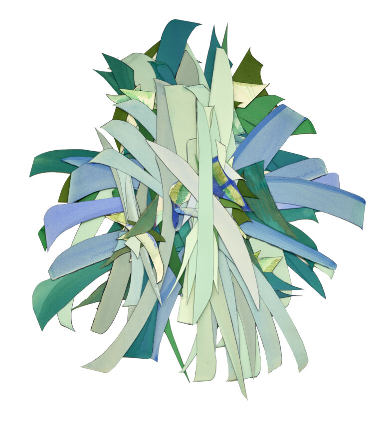 an abstract multimedia piece created from strips of brightly colored fabric and paper stacked in a pile. the colors of the pieces are mint, sea foam, sage, sky, periwinkle, forest green, teal, and accents of sap green