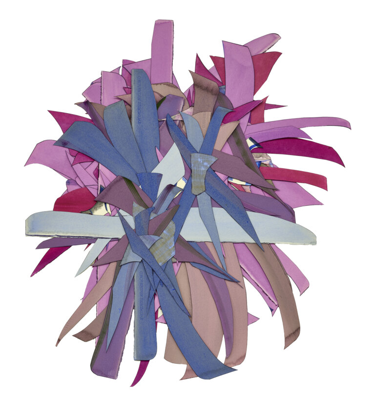 an abstract multimedia piece created from strips of brightly colored fabric and paper stacked in a pile. the colors of the pieces are dusty blue, violet, magenta, fuchsia, lilac, mauve, periwinkle, and slate