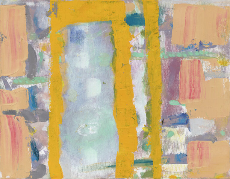 an abstract art piece with large swashes of color in shades of peach, rose, and a bright goldenrod yellow. the yellow is in a vertical rectangular shape missing the bottom side, and there is a yellow vertical line to the right of it. behind the peachy shapes and yellow lines, there is a background of hazy blue, gray, mint, and mauve