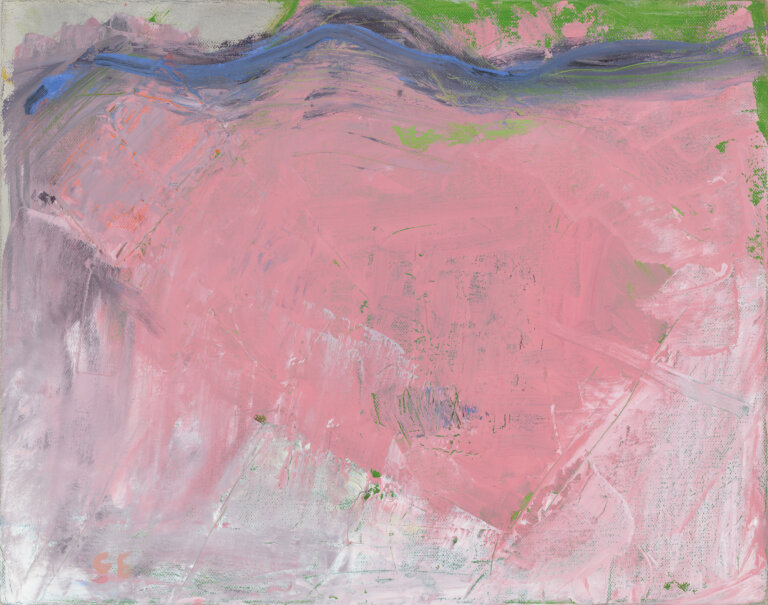 an abstract art piece in shades of bright bubblegum pink. there are pale gray sections towards the bottom of the piece. at the top, there is a horizontal squiggly line in dark gray with blue streaked through it. above this line, there is a bright green chunk.