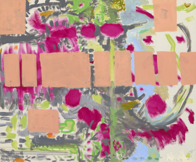 an abstract art piece that has a background of gray, fuchsia, lime green, baby blue, and cream. there are pale tangerine rectangles on top of the background.