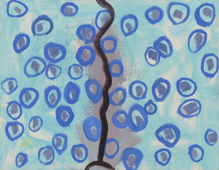 an abstract oil painting on a sky blue background. there is a thin wavy black vertical line in the center of the piece. there are several open circles in bright blue scattered across the background, with a deep periwinkle brushstroke on the inside of each circle.