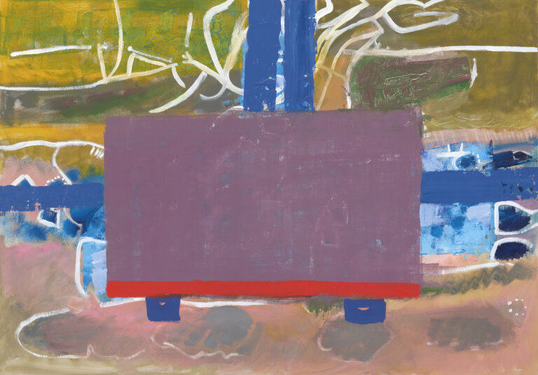 an abstract painting with a mauve rectangle in the center. there is a red stripe under the rectangle. there are two royal blue stripes in center of the piece that go behind the mauve rectangle. the background is made of olive, yellow, peach, tan, and shades of blue with white detailing.