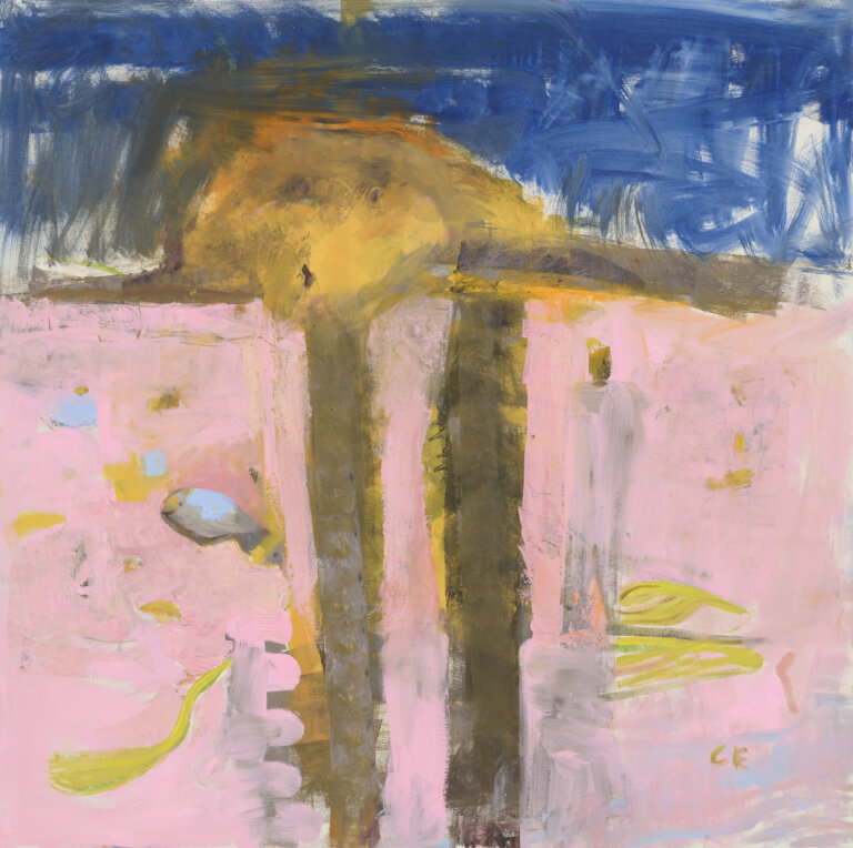 an abstract painting that has a blue background for the top third and a bubblegum pink background for the bottom two thirds. there is a large brown and yellow shape that looks like a half circle with two parallel lines extending vertically downwards. there are small yellow brushstrokes around the form against the pink background
