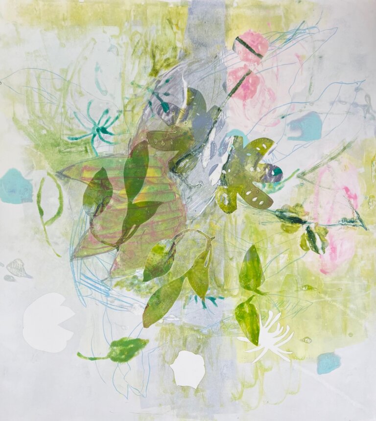 an abstract mixed media piece with a botanical theme. there are flowers and leaves in shades of citron, sap green, aqua, and peach.