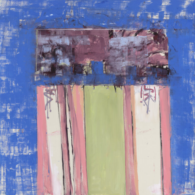 an abstract painting with a cobalt blue background. there is a striped rectangle in the center of the painting. the stripes are, from left to right, watermelon pink, off-white, watermelon pink, black, off white, watermelon pink, soft chartreuse, watermelon pink, pale cantaloupe orange, off white, black, and watermelon pink. above this block, there is another mauve colored black with pale blue and deep plum accents.