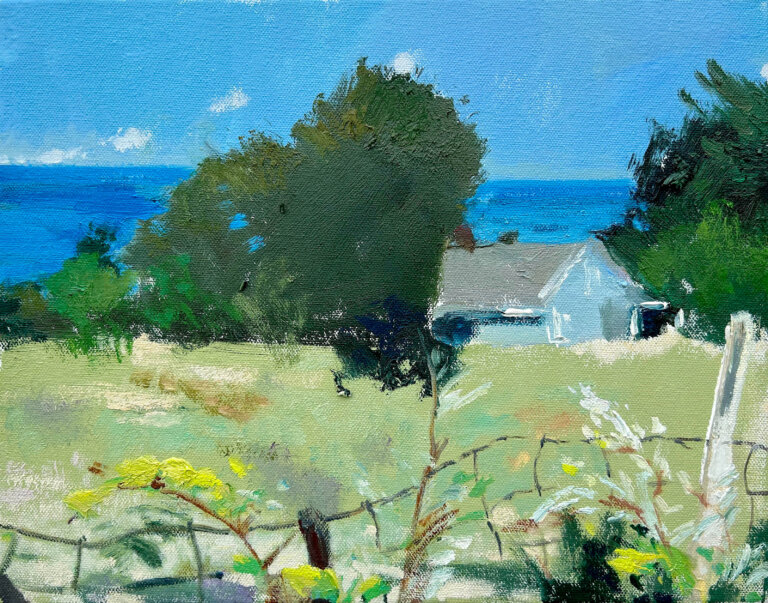 the abstract art piece depicting a coastal field with a small farmstead