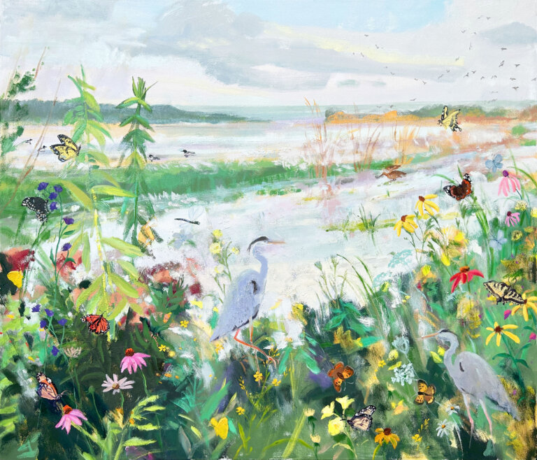 an abstract art piece depicting a white marsh with greenery and flowers in the foreground. in the greenery and flowers are two herons and an assortment of brightly colored butterflies