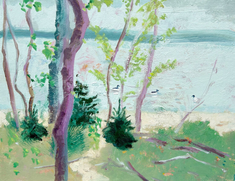 an abstract art piece featuring a small grassy embankment with a sandy shore leading down to pale blue water. there are a few ducks paddling along in the water. the embankment has a few purple trees and some greenery