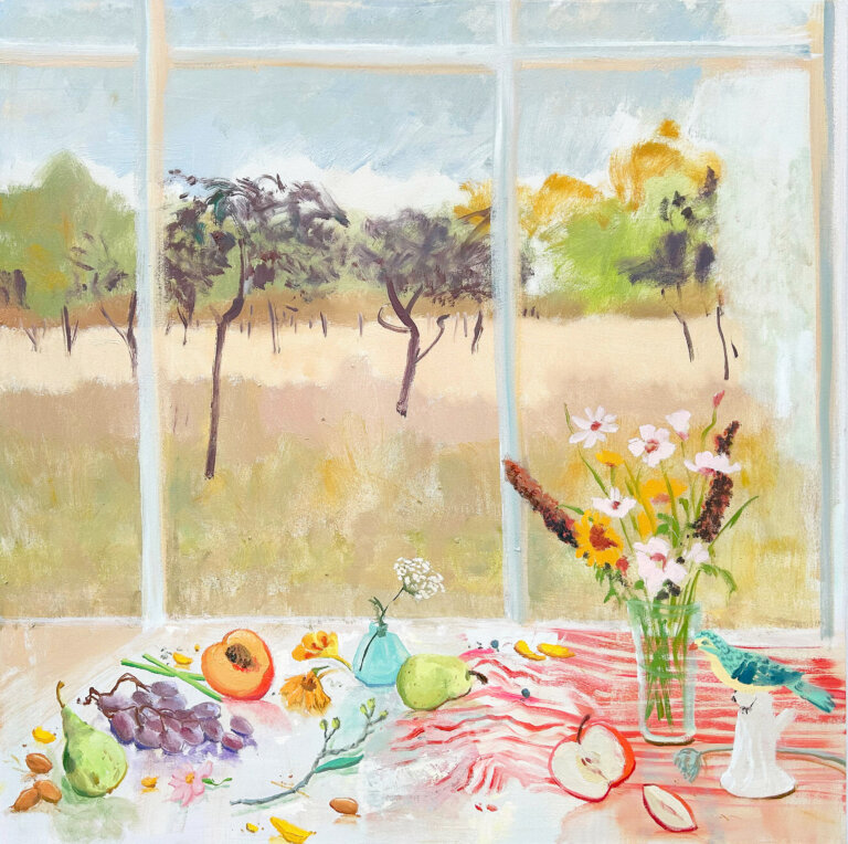 an abstract art piece showing an interior landscape with a window that reveals an exterior landscape. the interior landscape shows a table strewn with fruit including pears, peaches, grapes, apples, and nuts. there are a few small vases, one holding a bunch of wildflowers and the other has a small aqua blue and cream colored bird perched atop it. there is a red and white striped cloth on the table as well. through clear panes of glass and white mullions, there is an orchard of bare trees on a tan ground under a grey blue sky