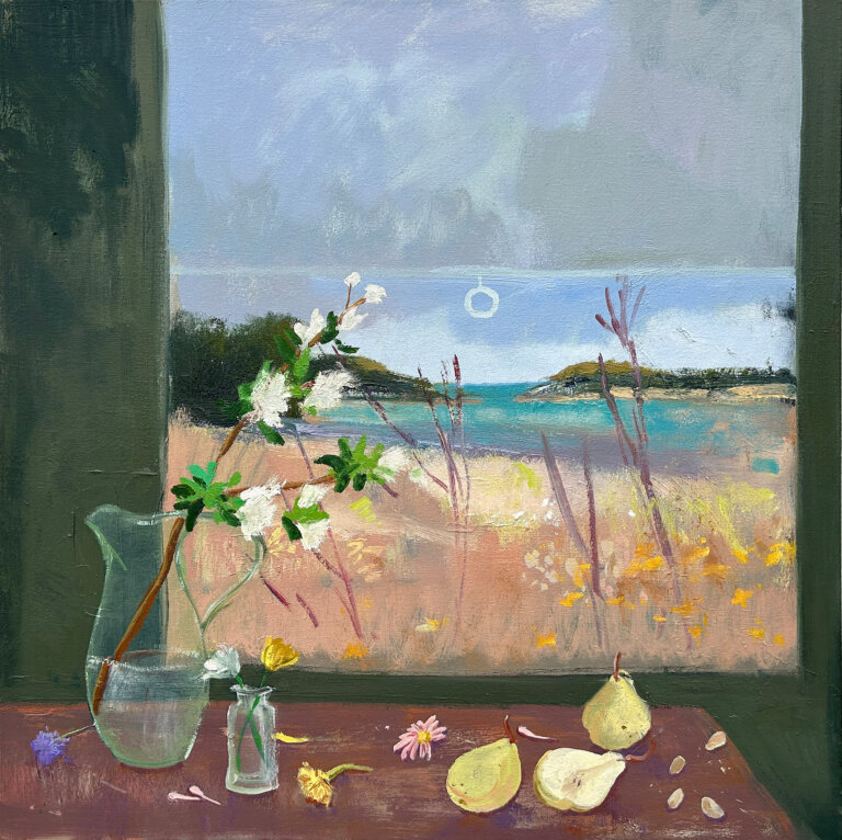 an abstract art piece showing an interior landscape with a window that reveals an exterior landscape. the interior landscape is a small brown table against a forest green wall. the table holds a glass pitcher and small glass vase which hold flowers. there are also loose flowers and a pale colored pear on the table. through the window, which has a sheer shade drawn halfway down, there is a turquoise body of water and a brushy shore.