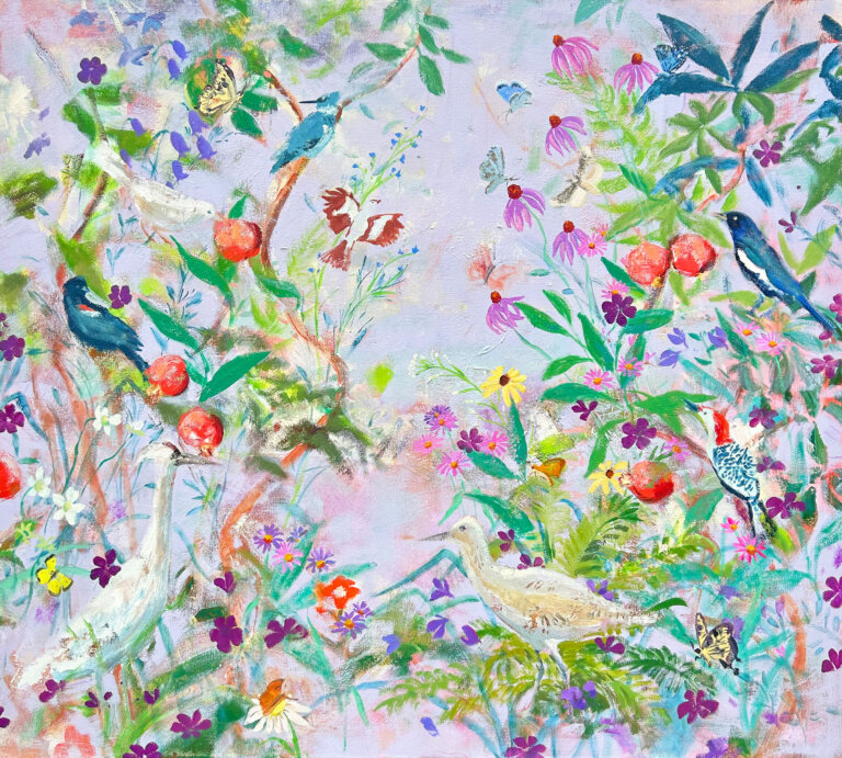 an abstract art piece with a pale lilac background and a menagerie of florals, birds, and butterflies