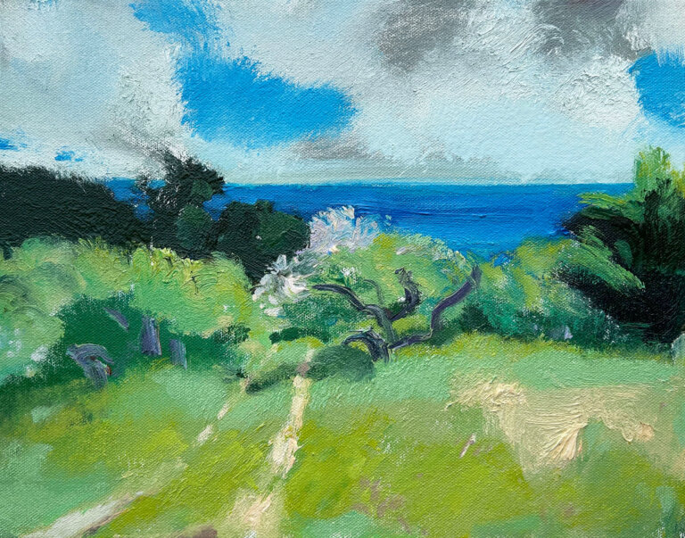 an abstract scene painted in oil depicting a grassy field with a small dirt track leading into foliage. beyond the foliage in the distance is a blue body of water. there are fluffy white clouds in the blue sky.