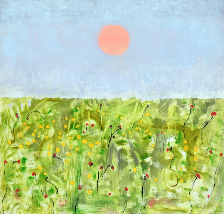 an abstract landscape painting where the top half is baby blue, representing the sky, and the bottom half is a mixture of greens, representing grass. the grass has several red and yellow dots scattered to look like flowers. in the center of the sky is a salmon pink circle, representing the sun