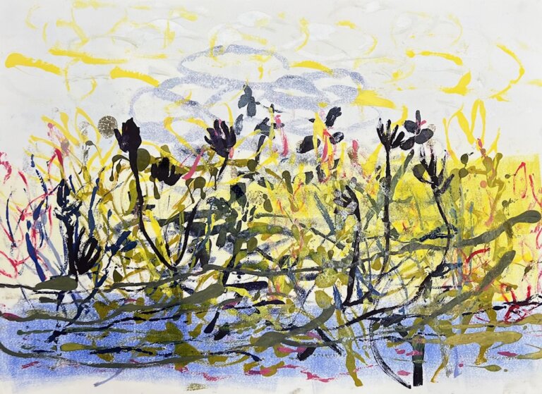 an abstract floral monotype on paper that has a hazy cobalt blue background with green and black silhouettes of flowers in the foreground. there are yellow and pink details on the flowers. the marks are made very gesturally, creating sense of movement and space.