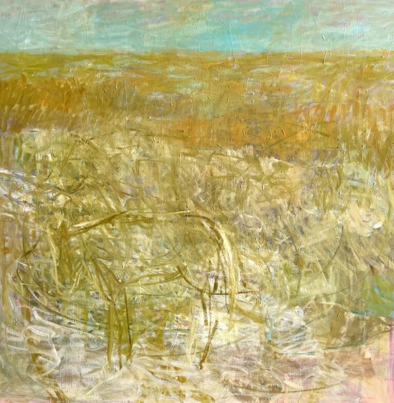 an abstract landscape divided into two main sections. there is a small strip of aqua at the top, symbolizing the sky. the bottom of the piece is a mass of green, yellow ochre, olive, and shite marks. there is a subtle outline of a horse in the grassy area.