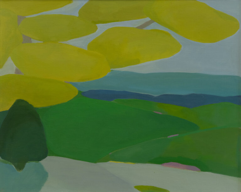 an abstract landscape scene showing rolling emerald hills under a pale gray blue sky. in the foreground is a sap green colored tree. every piece of this landscape is abstracted to shapes, so it has a figurative, loose feel