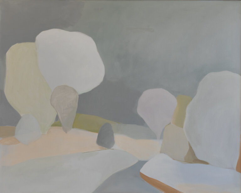 an abstracted landscape in hues of slate, dove, pale olive, and off white. there is a path that leads into the distance between trees under a slate gray sky. every piece of this landscape is abstracted to shapes, so it has a figurative, loose feel