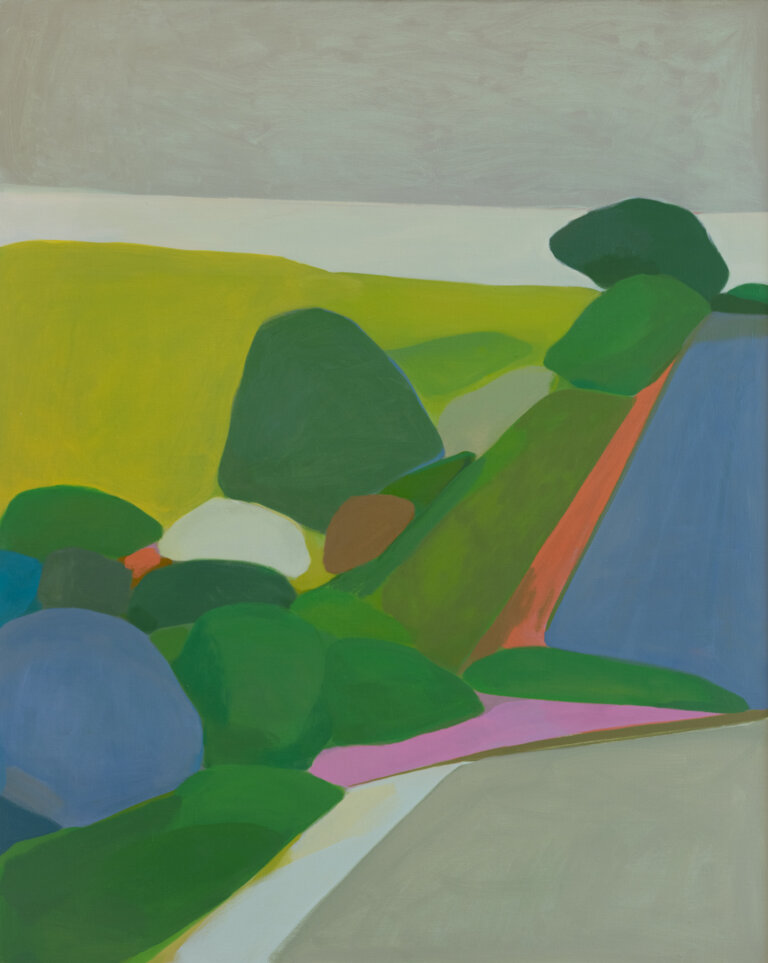 an abstract landscape piece that shows a road leading off into the distance, lined on one side by hedges. beyond the hedges is a lime green field rolling into a pale gray horizon under a slate gray sky. every piece of this landscape is abstracted to shapes, so it has a figurative, loose feel
