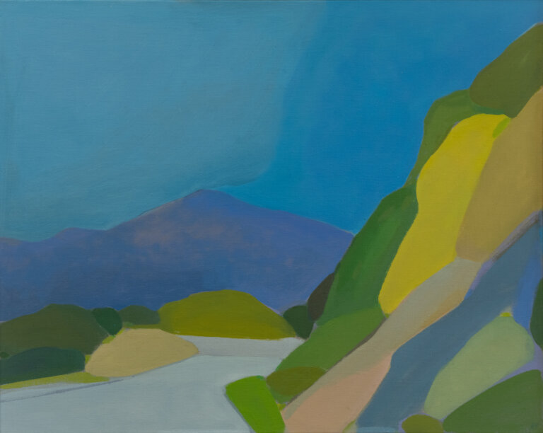 an abstracted landscape that shows a mountainside road leading into the distance. there is a steep cliff face to the right of the path with greenery. in the distance is a purple mountain under a bright blue sky. every piece of this landscape is abstracted to shapes, so it has a figurative, loose feel